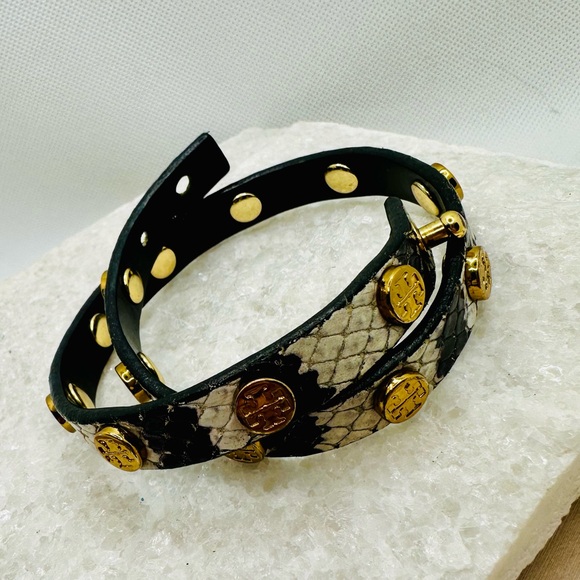 EUC Tory Burch Miller Stud Double Wrap Exotic Snakeskin Bracelet - Picture 12 of 15
